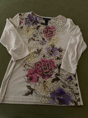 Karen Scott Cream Floral Embellished Long Sleeve Tee